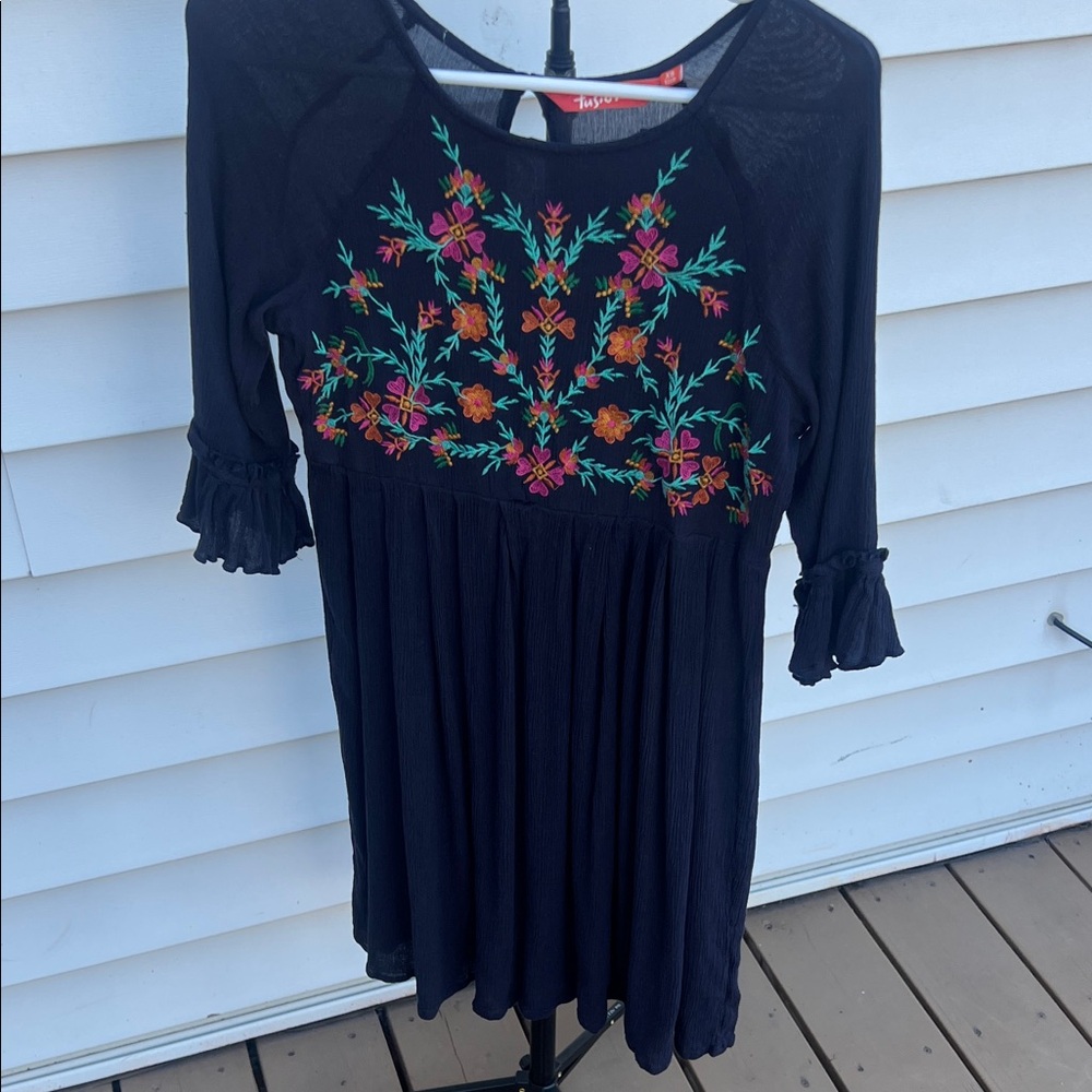Girls Black Embroidered Floral Dress